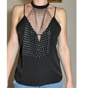 Y2K Express Black Halter Top with Rhinestones Size Medium